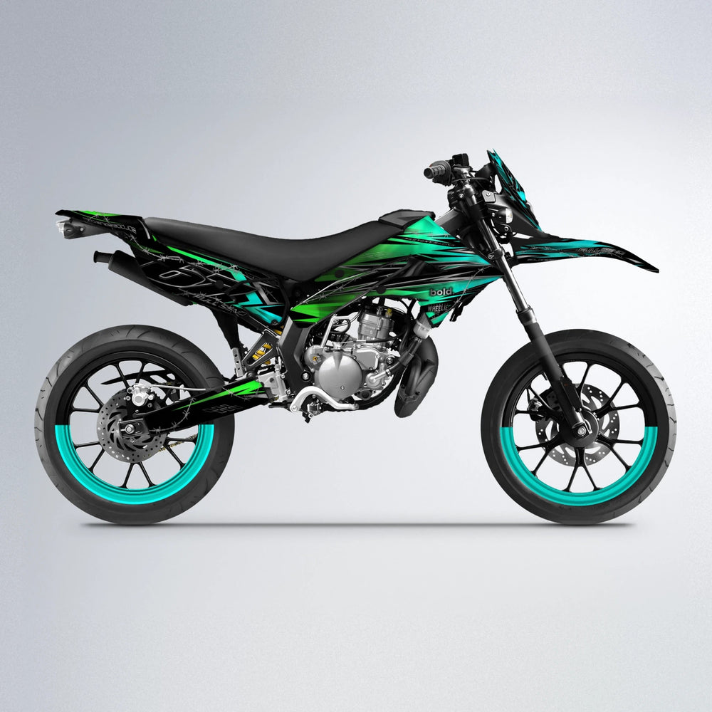 RIOT Derbi Senda supermoto graphics kit in Cyan & Green