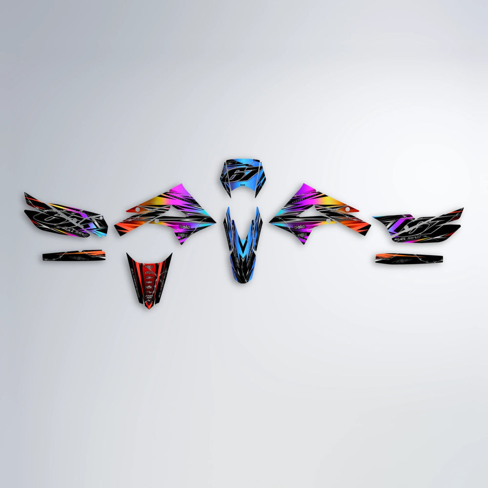 RIOT Derbi Senda graphics kit parts layout in Sunset Fade