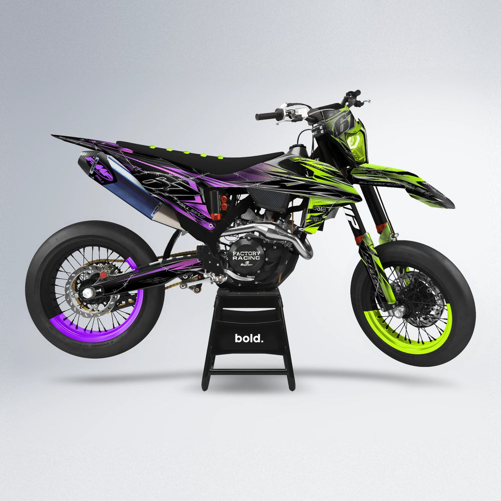 RIOT supermoto graphics kit in Purple & Fluo Yellow