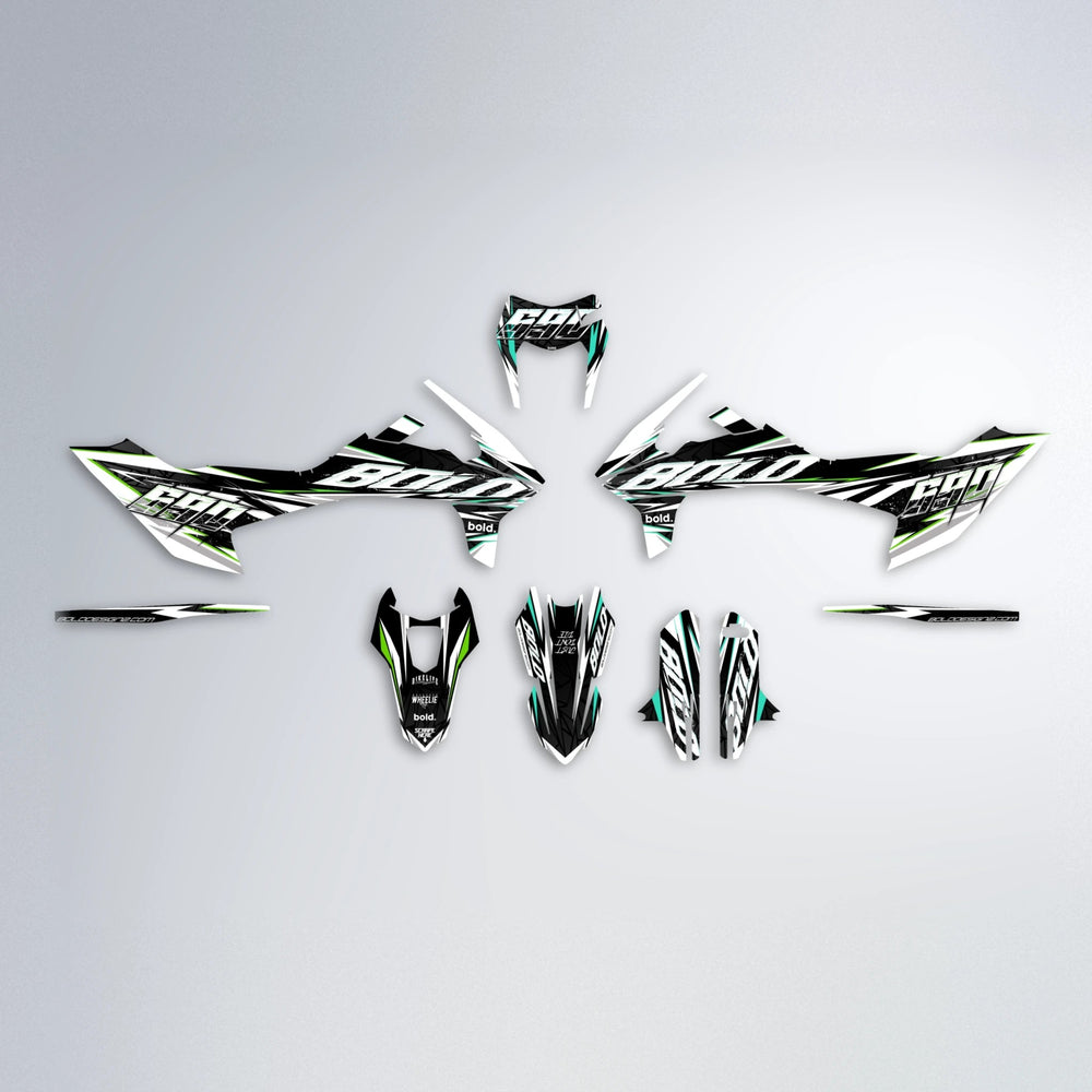 ROGUE KTM SMC 690 graphics kit parts layout in Cyan & Green