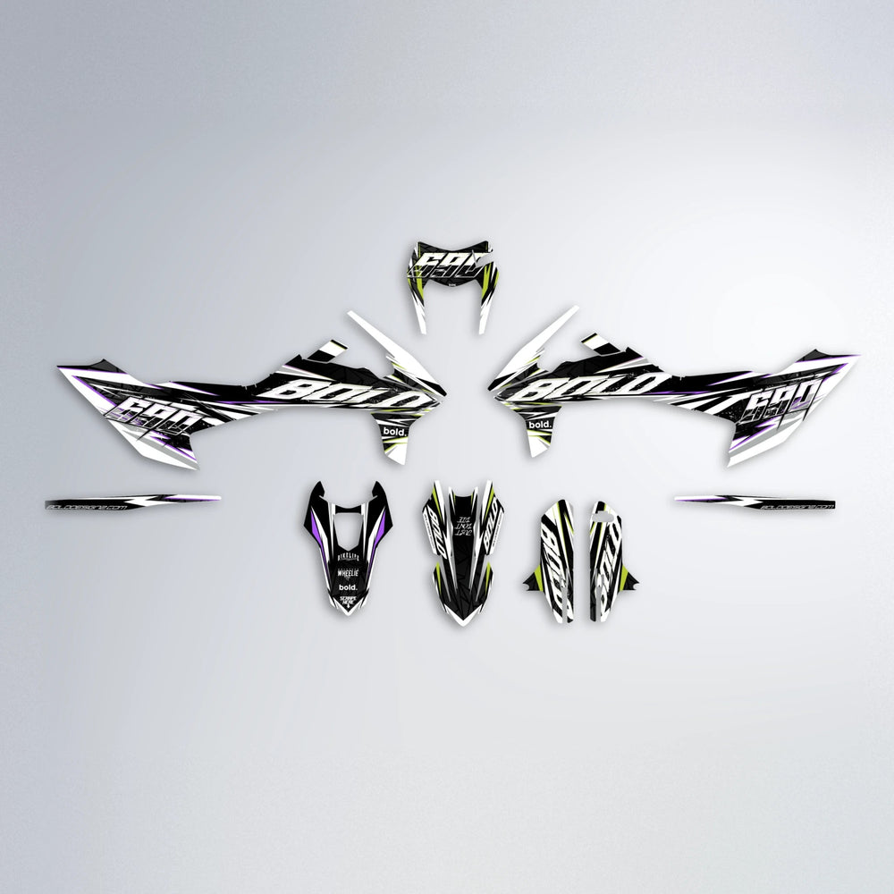 ROGUE KTM SMC 690 graphics kit parts layout in Purple & Yellow
