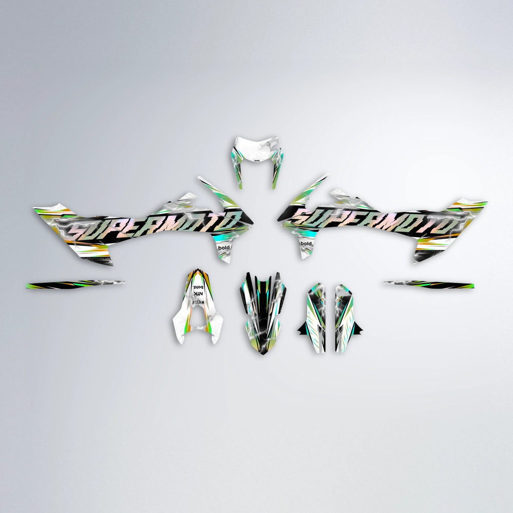 ROPAS72 KTM SMC 690 graphics kit parts layout in Cyan & Green
