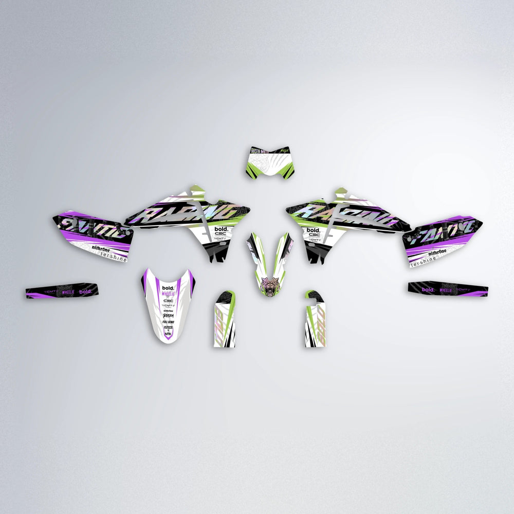 ROSEN Fantic graphics kit parts layout in Purple & Yellow