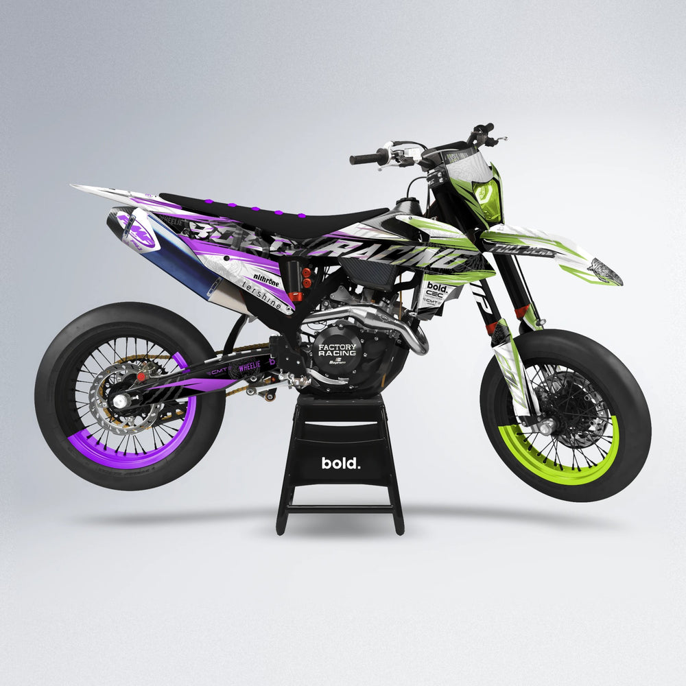 ROSEN supermoto graphics kit in Purple & Fluo Yellow