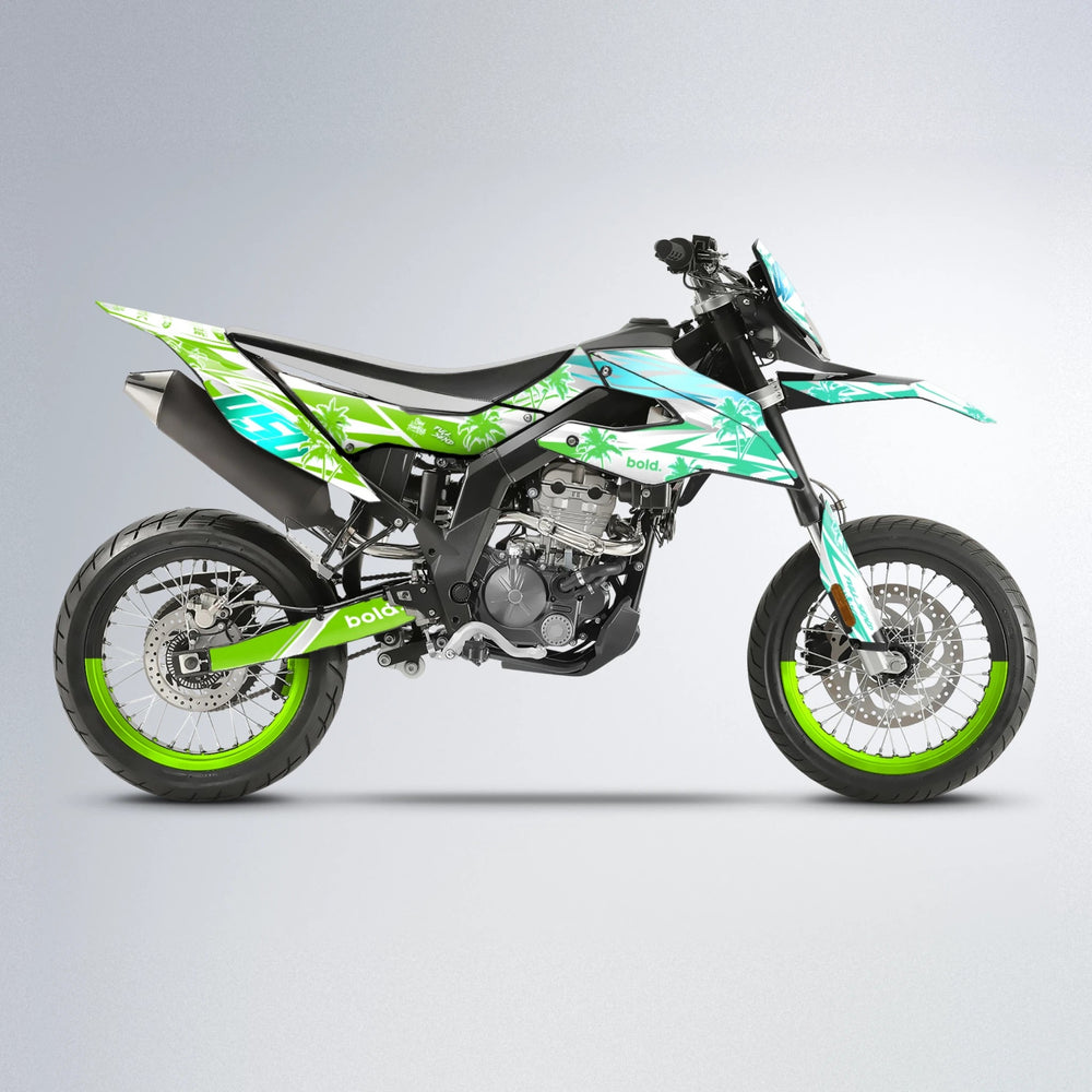 ROZALIN Aprilia SX 125 supermoto graphics kit in Cyan & Green