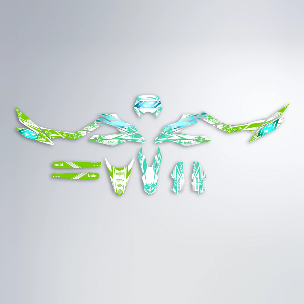 ROZALIN Aprilia SX 125 graphics kit parts layout in Cyan & Green