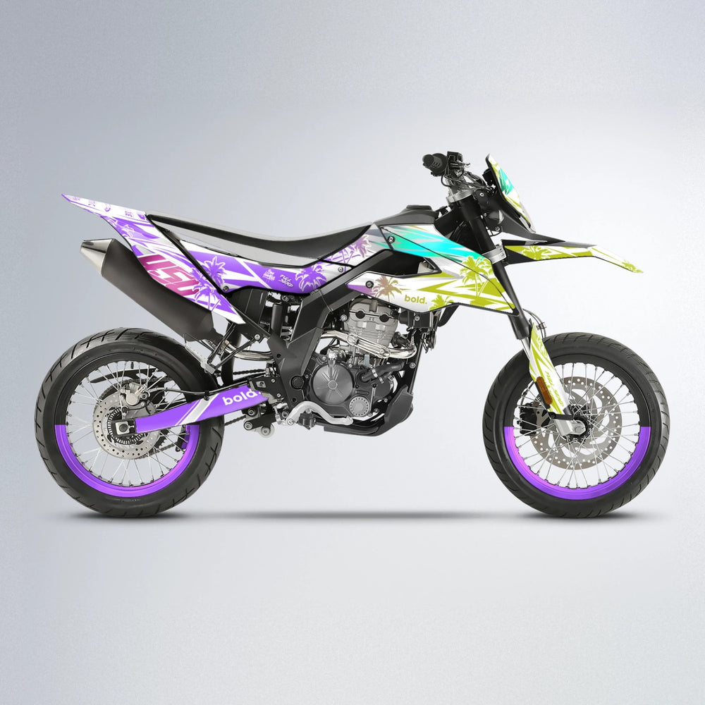 ROZALIN Aprilia SX 125 supermoto graphics kit in Purple & Yellow