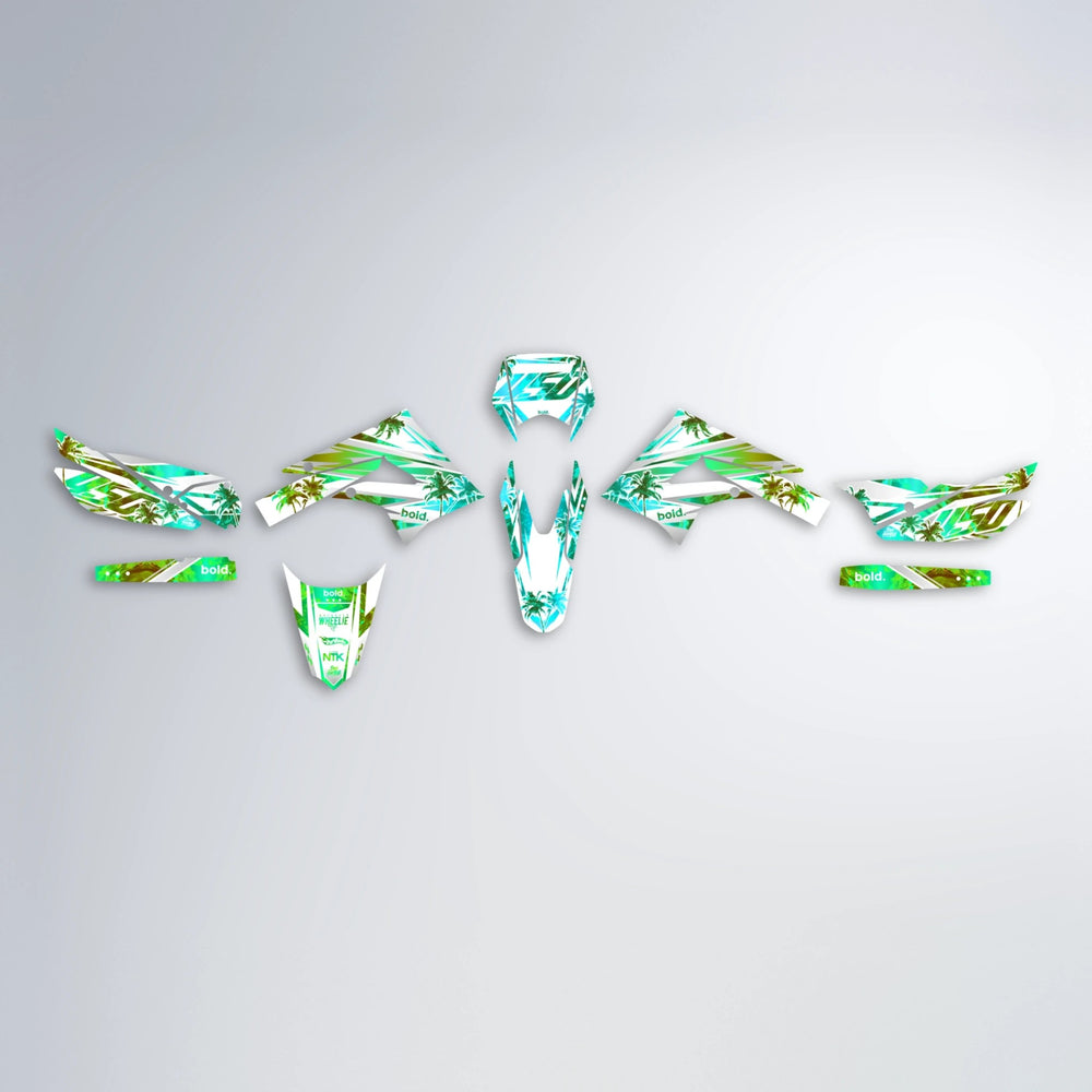 ROZALIN Derbi Senda graphics kit parts layout in Cyan & Green
