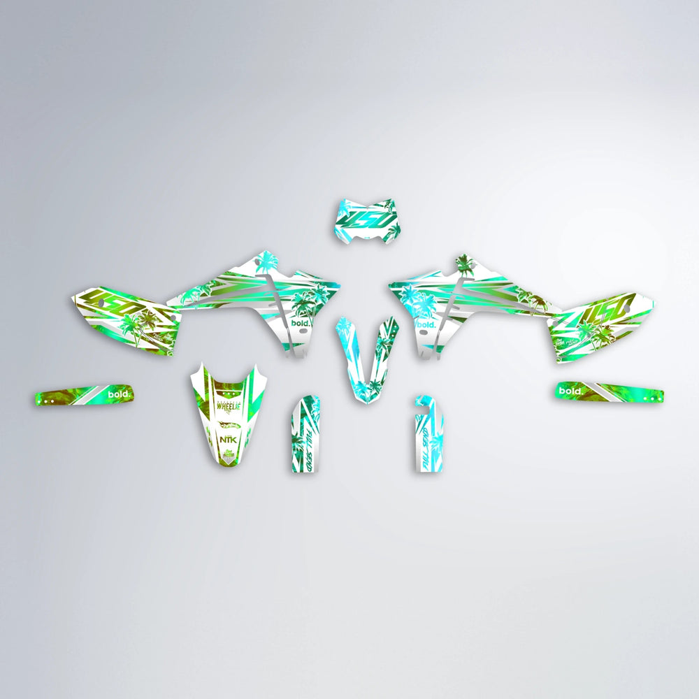 ROZALIN Fantic graphics kit parts layout in Cyan & Green