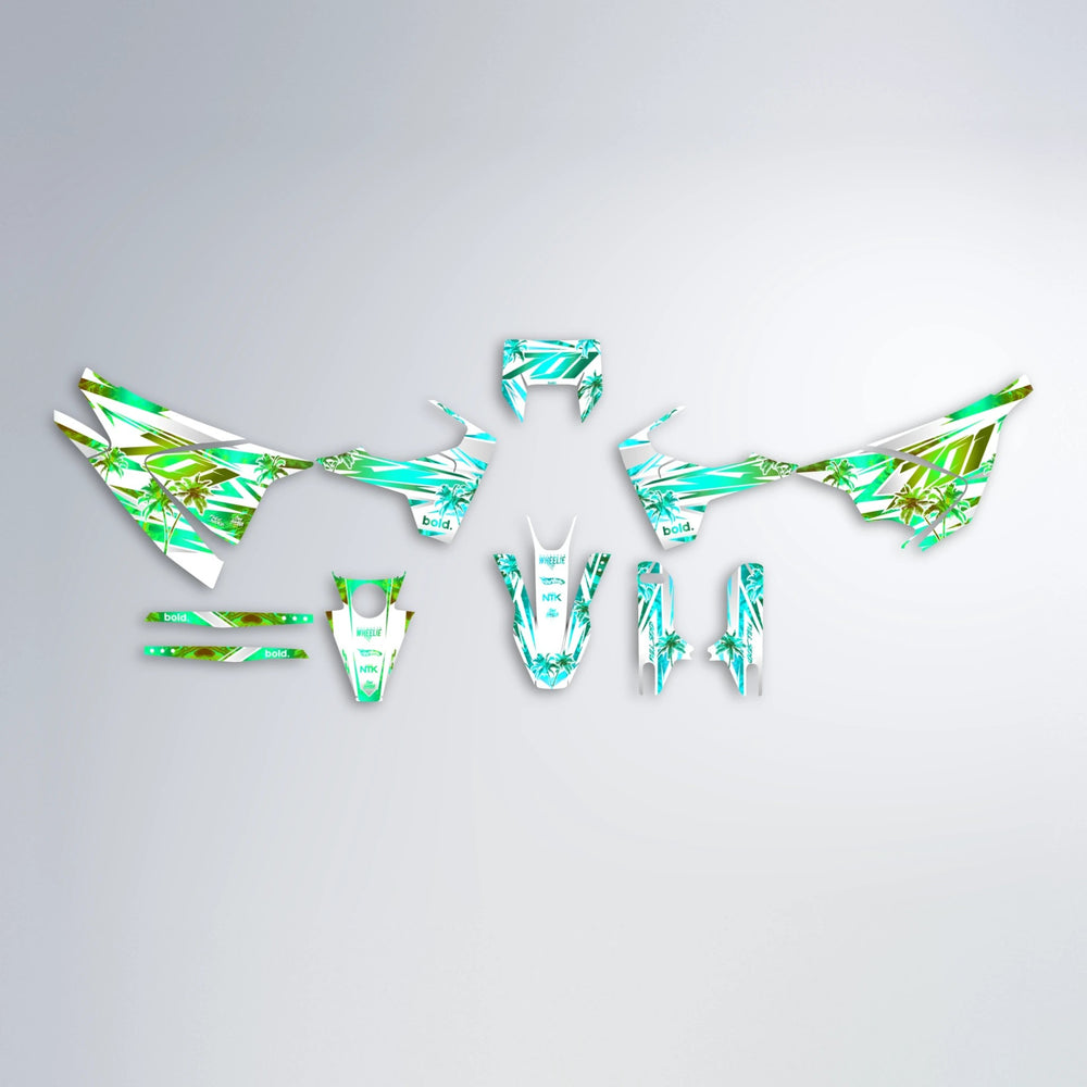 ROZALIN Husqvarna 701 graphics kit parts layout in Cyan & Green