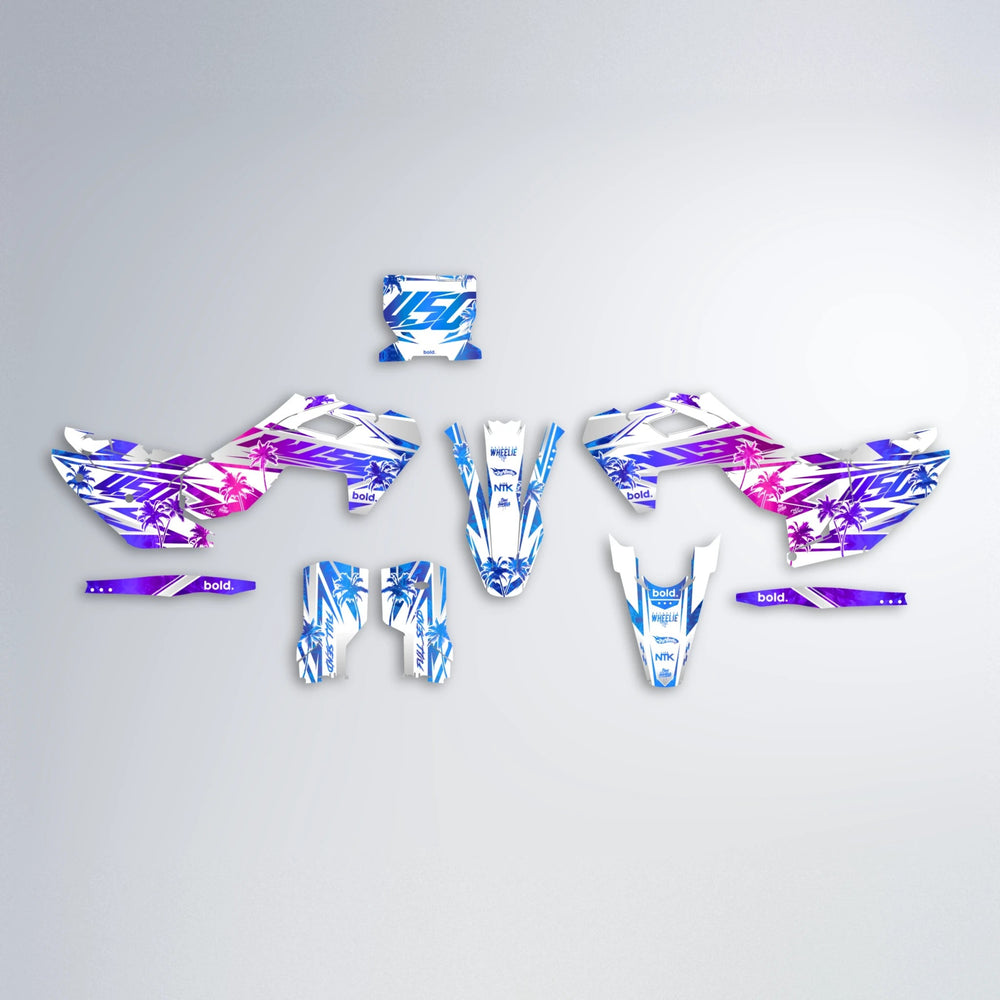 ROZALIN Husqvarna FE/TE graphics kit parts layout in Blue Purple Fade