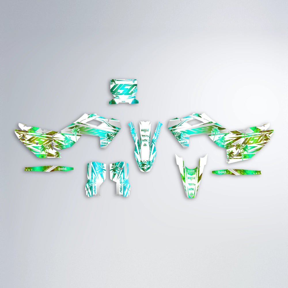 ROZALIN Husqvarna FE/TE graphics kit parts layout in Cyan & Green
