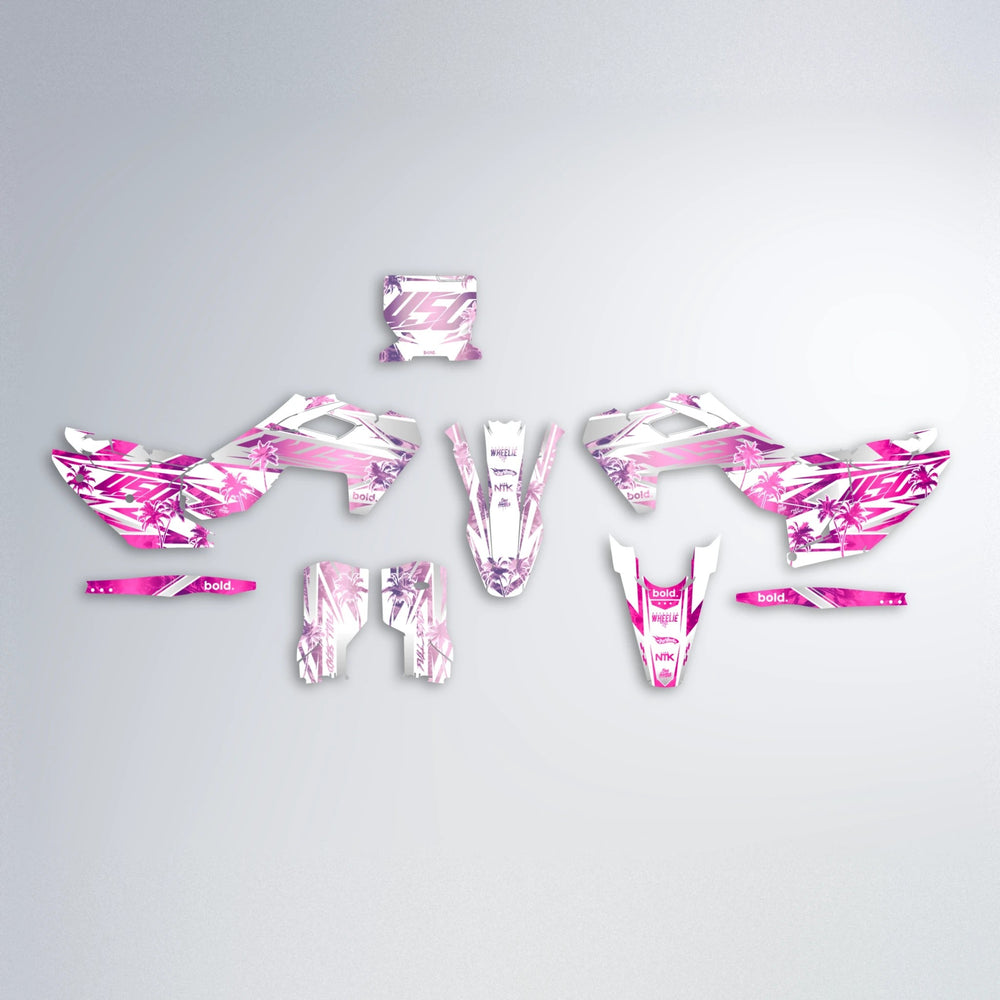 ROZALIN Husqvarna FE/TE graphics kit parts layout in Flamingo