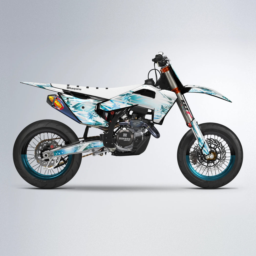 ROZALIN Husqvarna FE/TE supermoto graphics kit in Light Blue & White