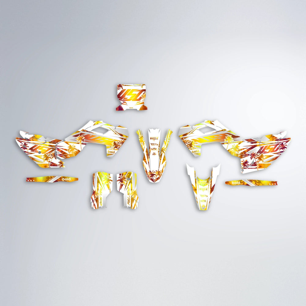 ROZALIN Husqvarna FE/TE graphics kit parts layout in Orange & Yellow