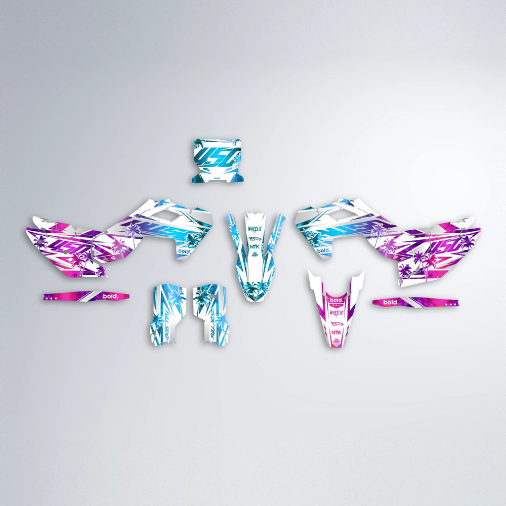 ROZALIN Husqvarna FE/TE graphics kit parts layout in Pink & Light Blue