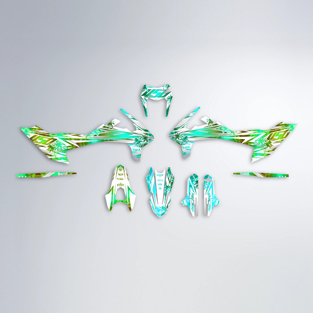 ROZALIN KTM SMC 690 graphics kit parts layout in Cyan & Green