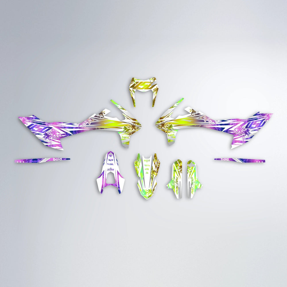 ROZALIN KTM SMC 690 graphics kit parts layout in Purple & Yellow