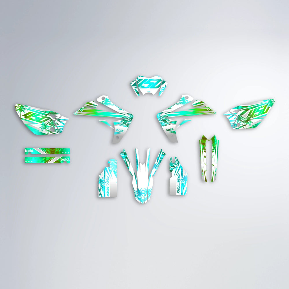 ROZALIN Rieju MRT graphics kit parts layout in Cyan & Green