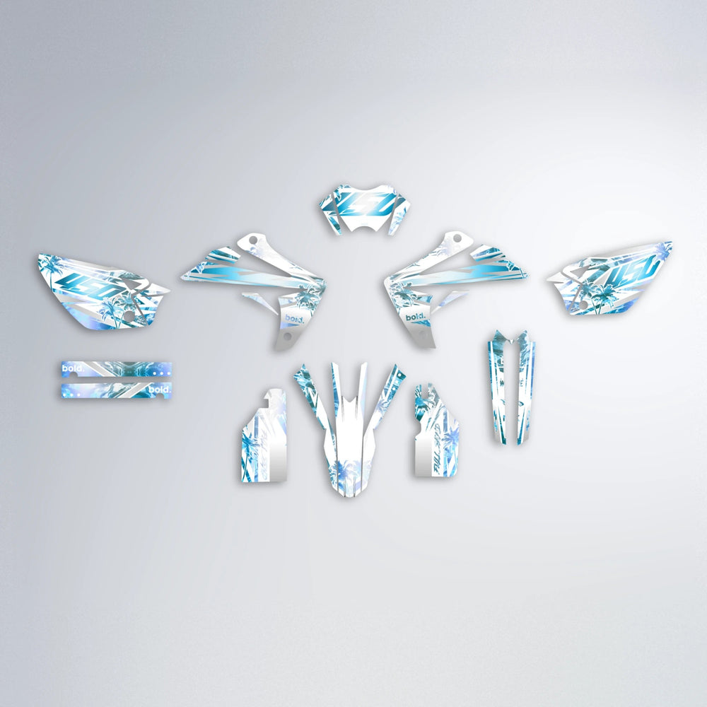 ROZALIN Rieju MRT graphics kit parts layout in Light Blue & White