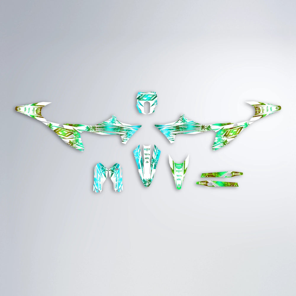 ROZALIN Stark Varg MX graphics kit parts layout in Cyan & Green