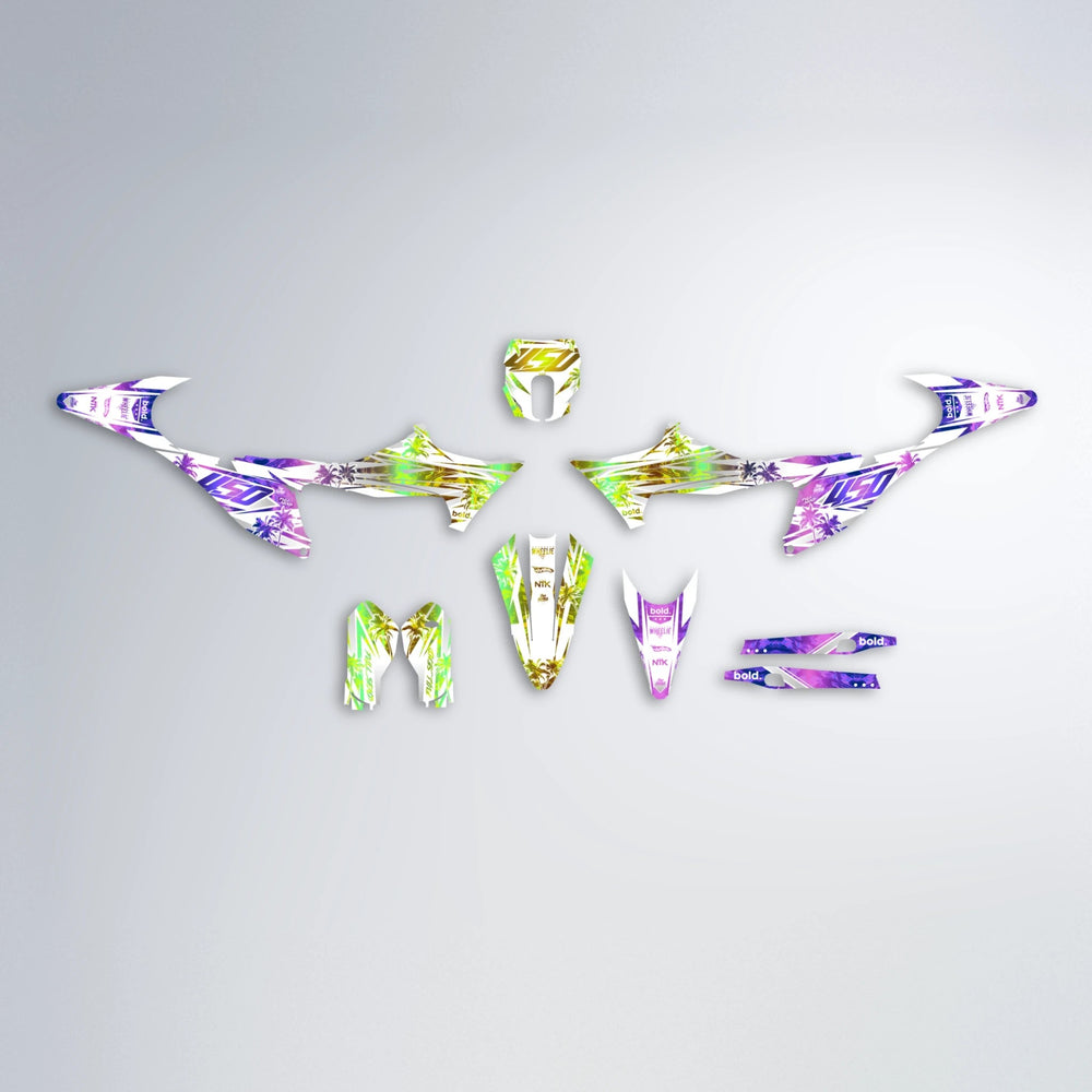 ROZALIN Stark Varg MX graphics kit parts layout in Purple & Yellow