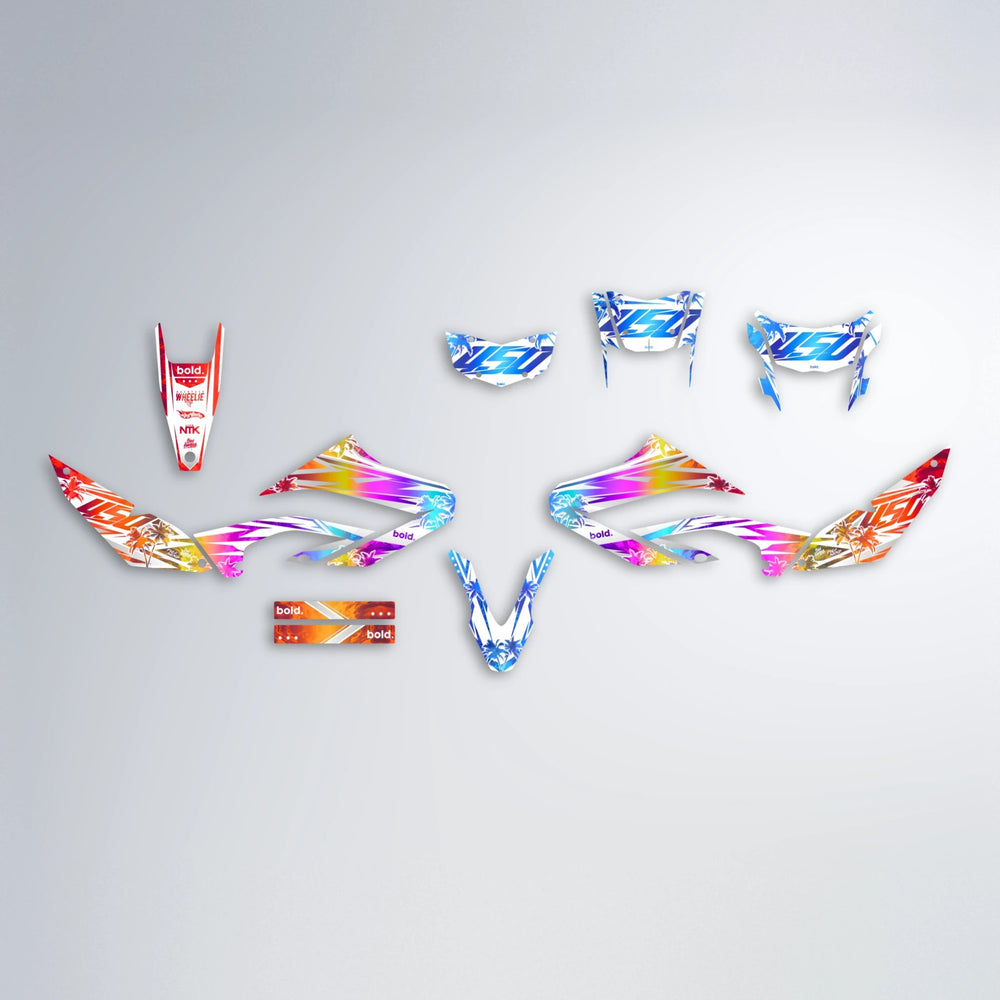 ROZALIN Yamaha WR 125X graphics kit parts layout in Sunset Fade