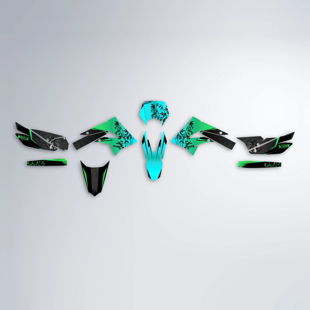 SAMURAI Derbi Senda graphics kit parts layout in Cyan & Green