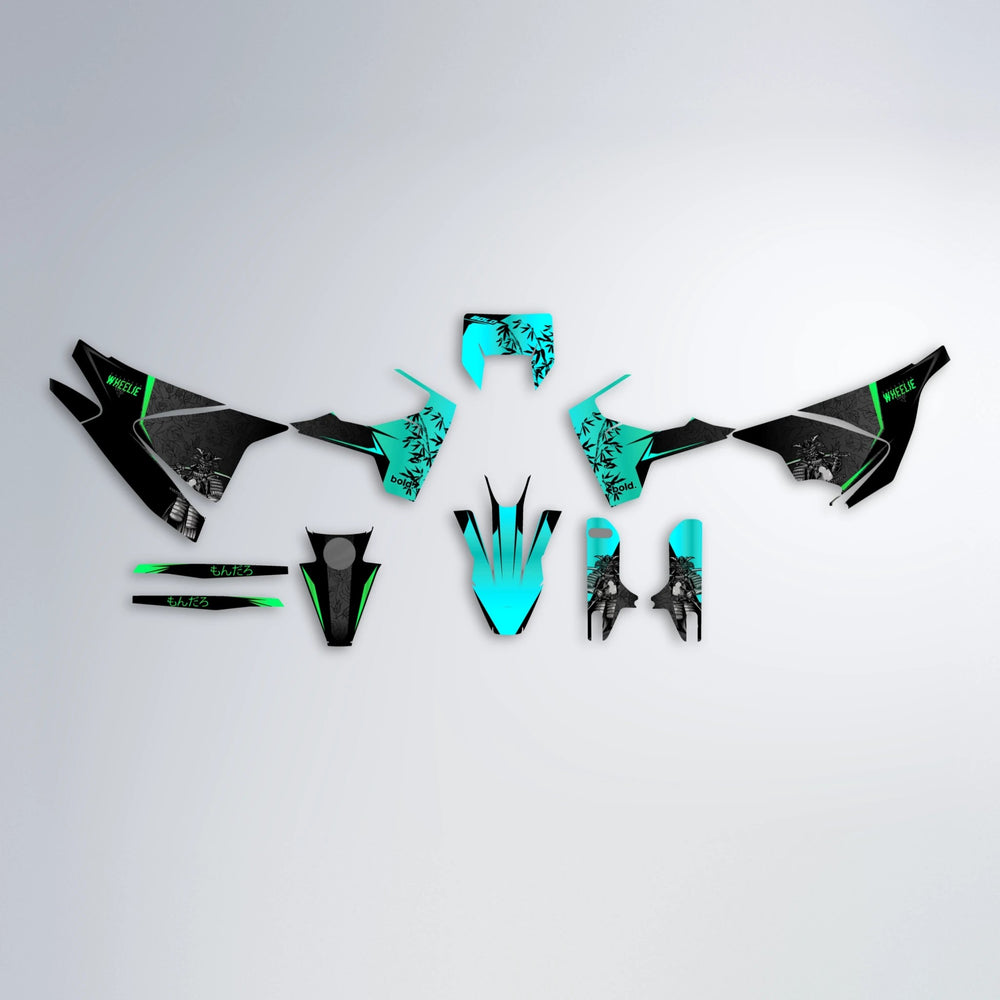 SAMURAI Husqvarna 701 graphics kit parts layout in Cyan & Green