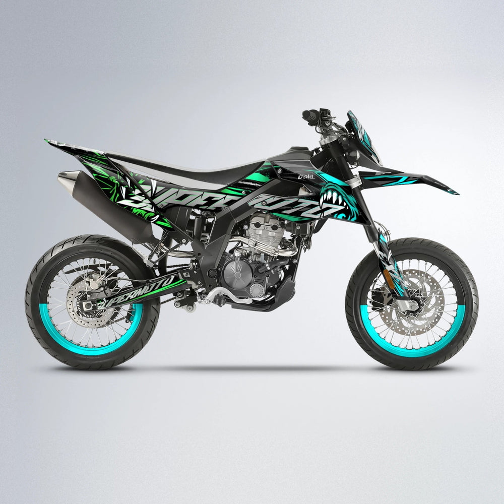 SAVAGE Aprilia SX 125 supermoto graphics kit in Cyan & Green