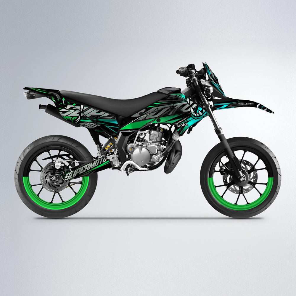 SAVAGE Derbi Senda supermoto graphics kit in Cyan & Green