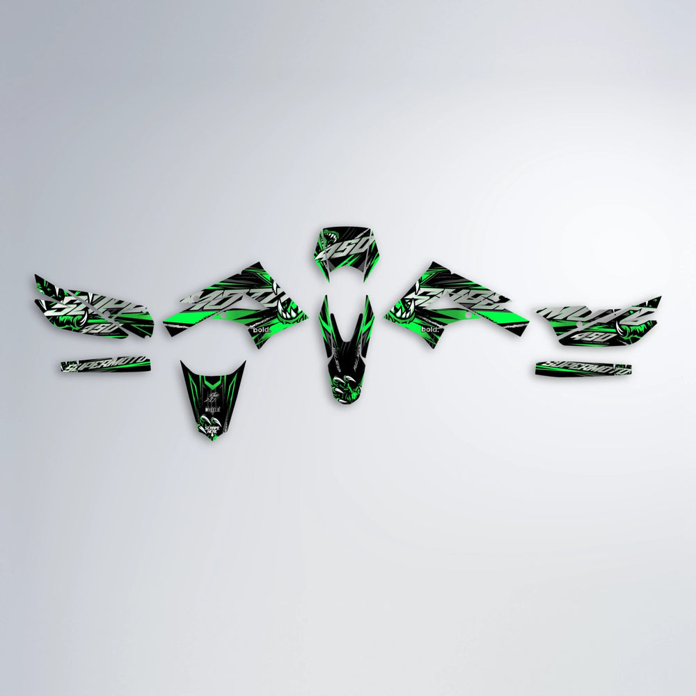 SAVAGE Derbi Senda graphics kit parts layout in Green