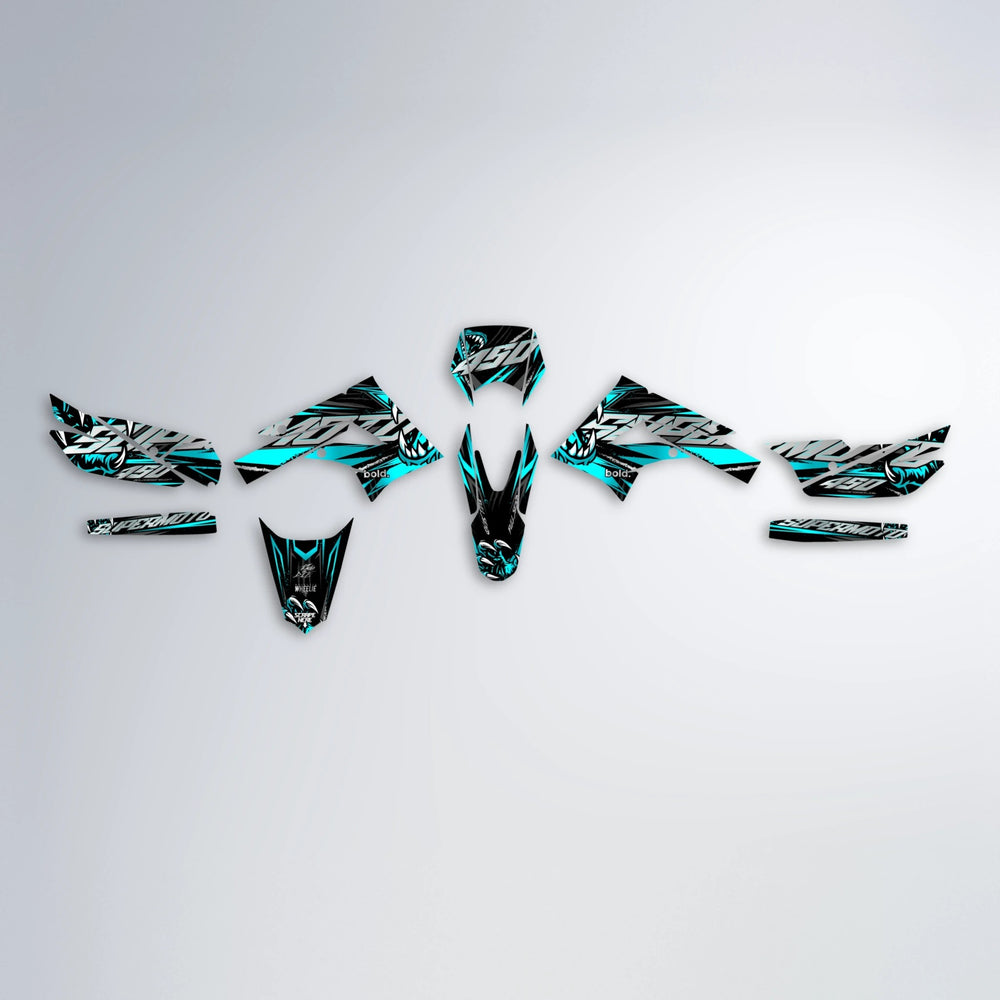 SAVAGE Derbi Senda graphics kit parts layout in Teal