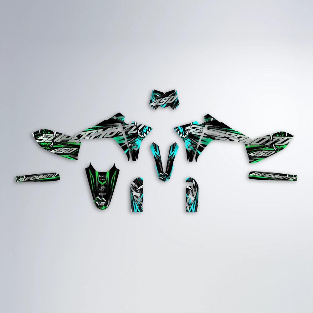 SAVAGE Fantic graphics kit parts layout in Cyan & Green