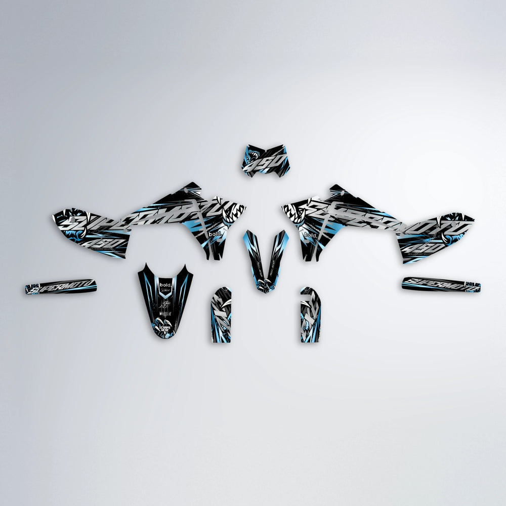 SAVAGE Fantic graphics kit parts layout in Light Blue & White