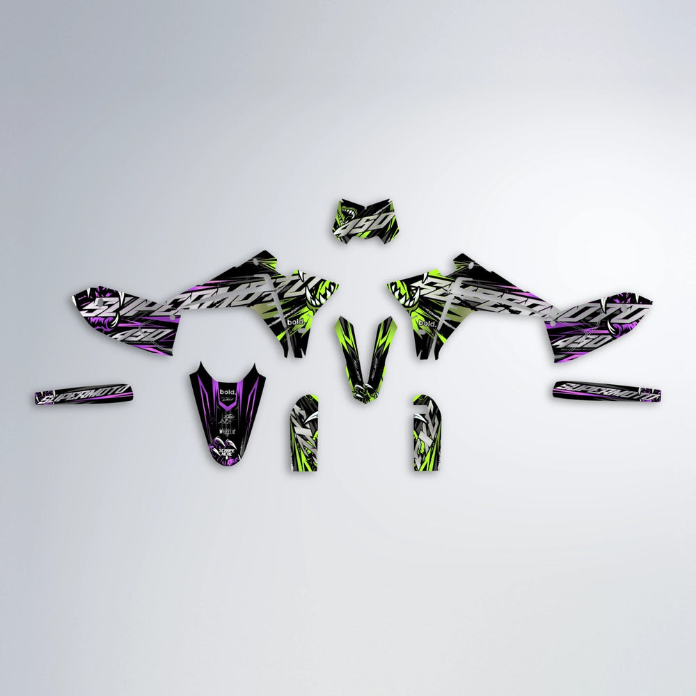 SAVAGE Fantic graphics kit parts layout in Purple & Yellow