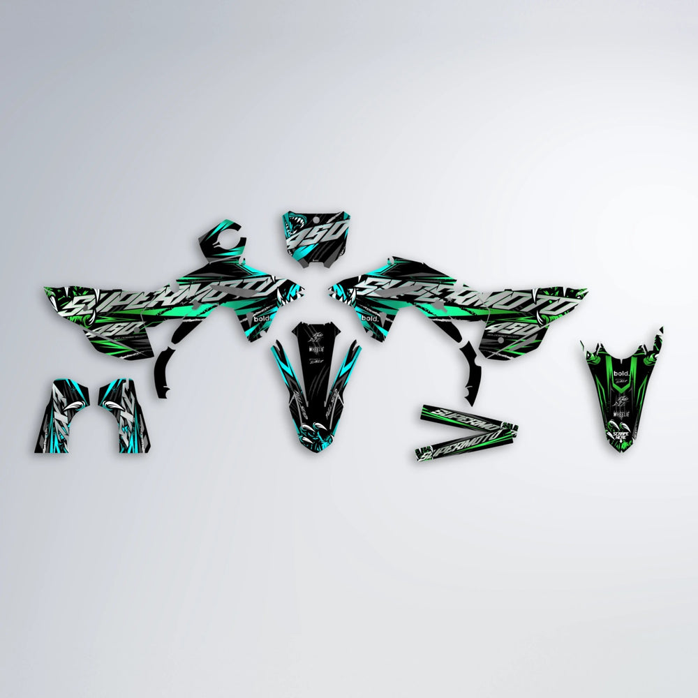 SAVAGE Honda graphics kit parts layout in Cyan & Green