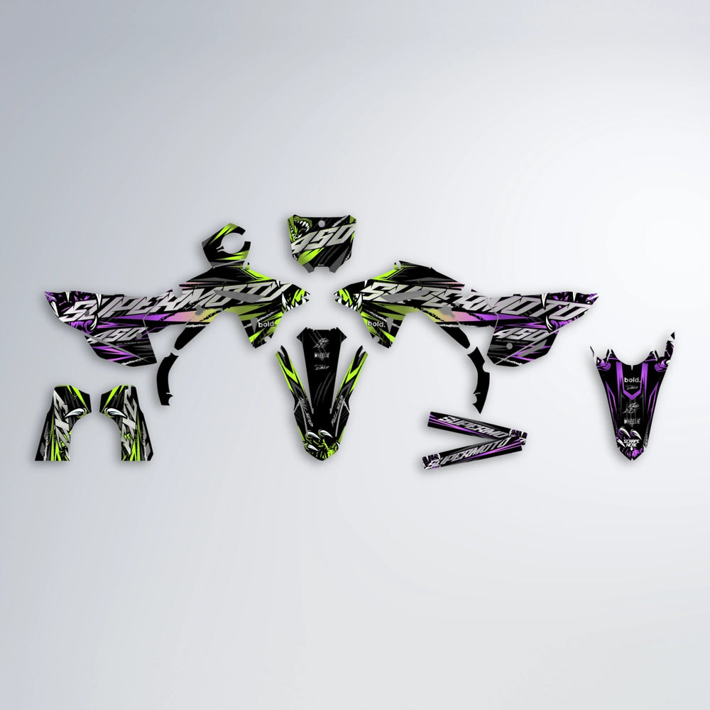 SAVAGE Honda graphics kit parts layout in Purple & Yellow