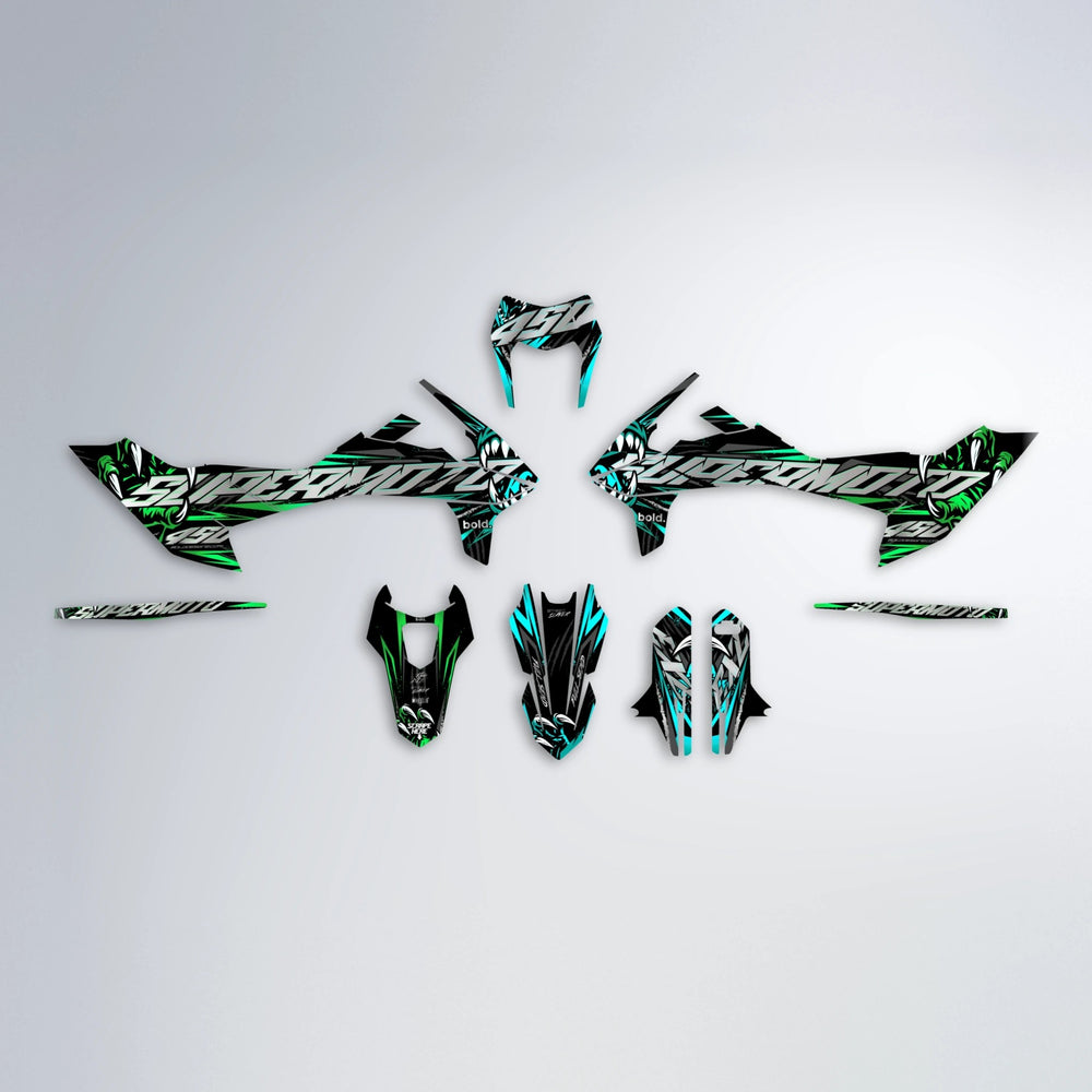 SAVAGE KTM SMC 690 graphics kit parts layout in Cyan & Green