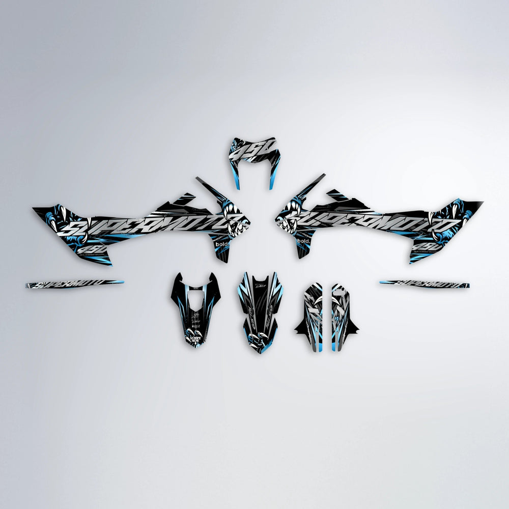SAVAGE KTM SMC 690 graphics kit parts layout in Light Blue & White