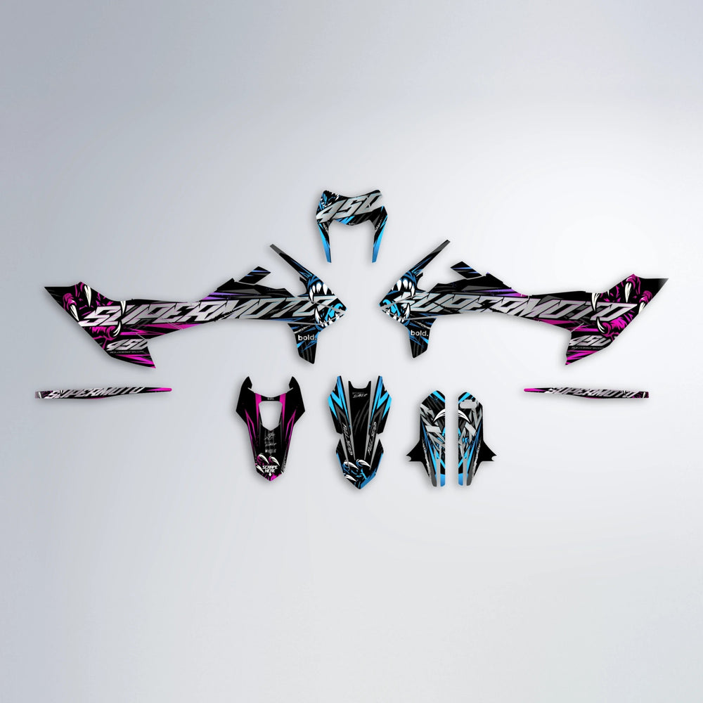 SAVAGE KTM SMC 690 graphics kit parts layout in Pink & Light Blue