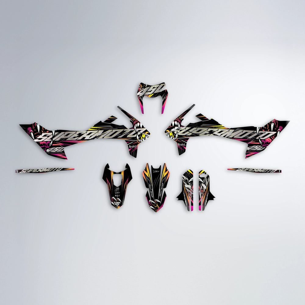 SAVAGE KTM SMC 690 graphics kit parts layout in Pink & Yellow
