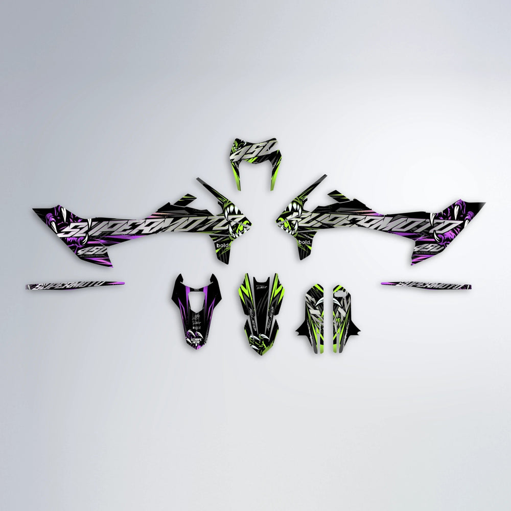 SAVAGE KTM SMC 690 graphics kit parts layout in Purple & Yellow