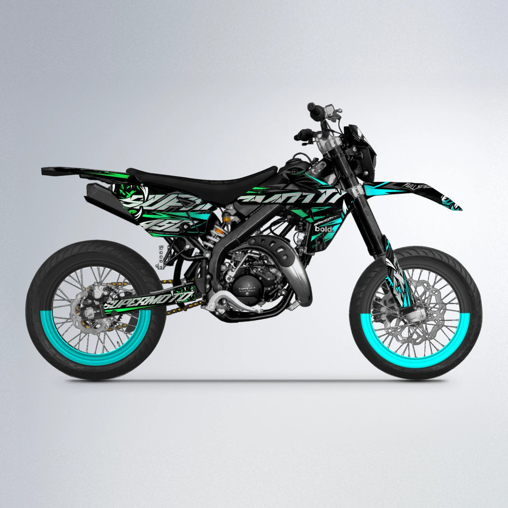 SAVAGE Rieju MRT supermoto graphics kit in Cyan & Green