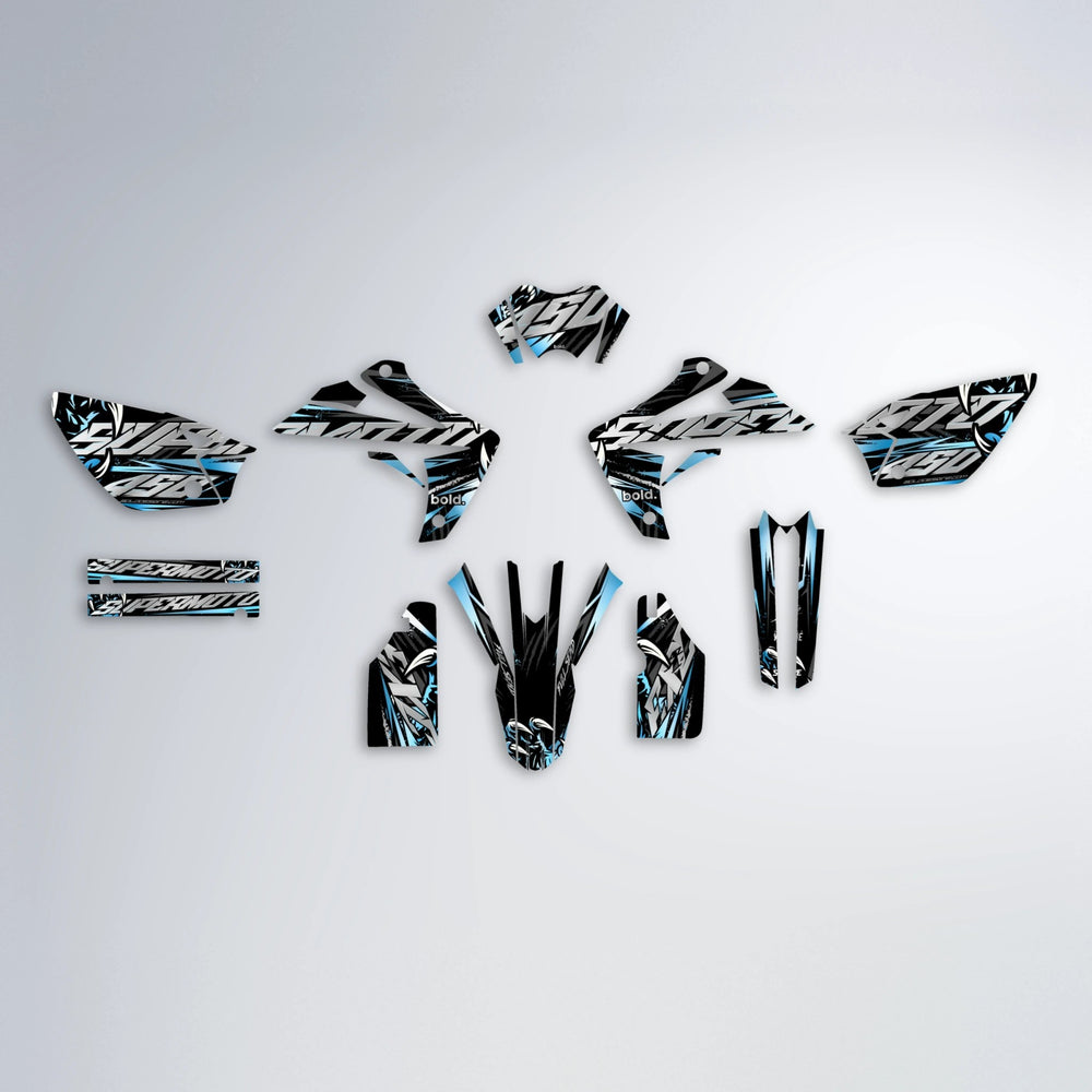SAVAGE Rieju MRT graphics kit parts layout in Light Blue & White