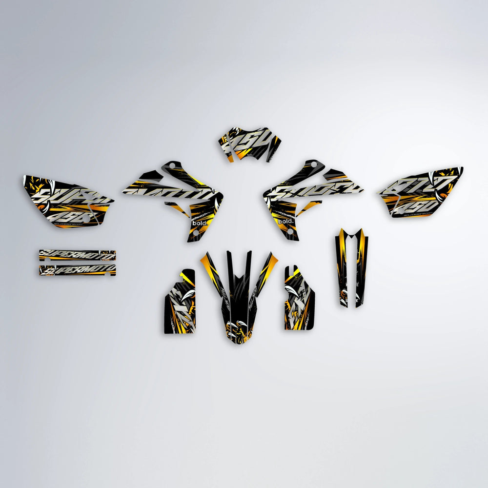 SAVAGE Rieju MRT graphics kit parts layout in Orange & Yellow