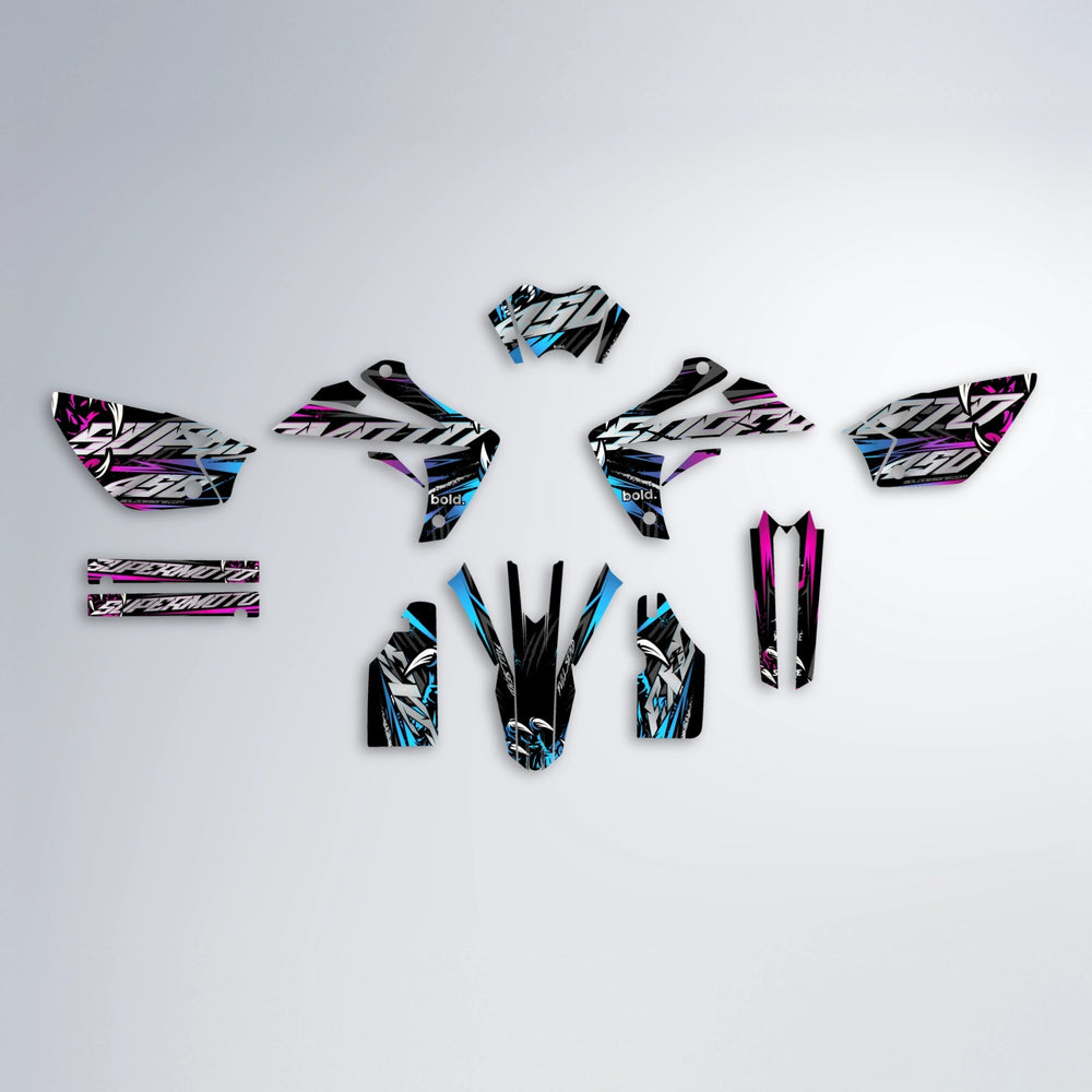 SAVAGE Rieju MRT graphics kit parts layout in Pink & Light Blue