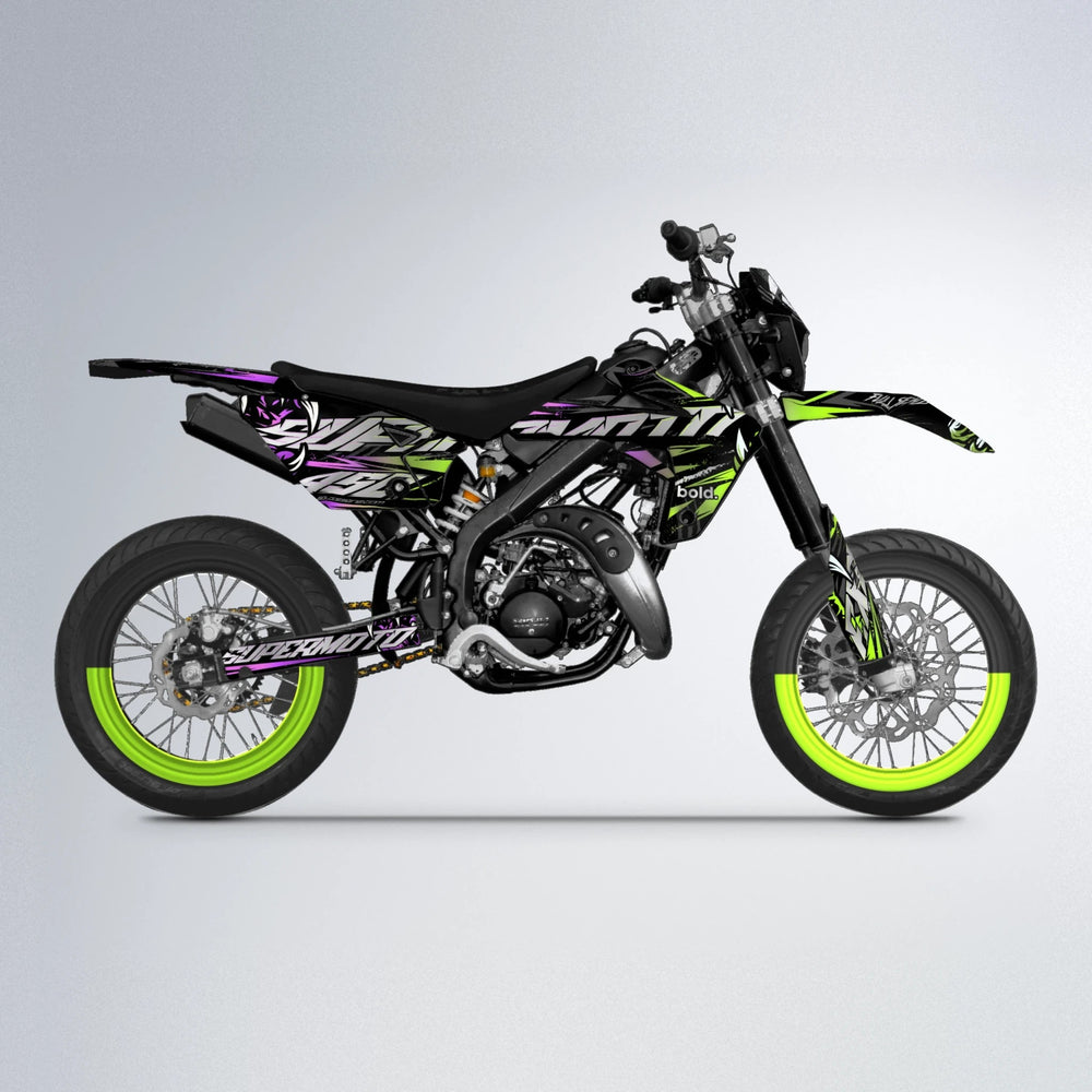SAVAGE Rieju MRT supermoto graphics kit in Purple & Yellow