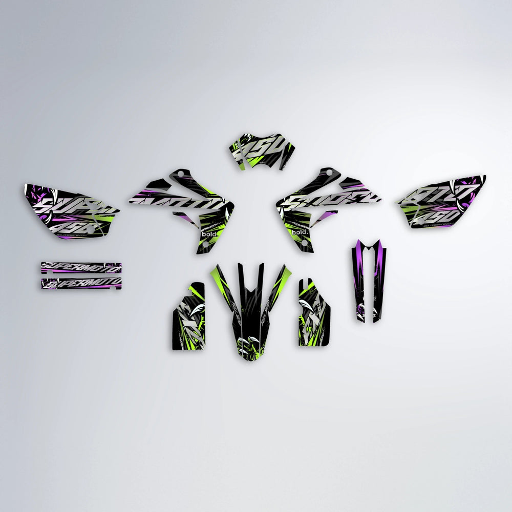 SAVAGE Rieju MRT graphics kit parts layout in Purple & Yellow