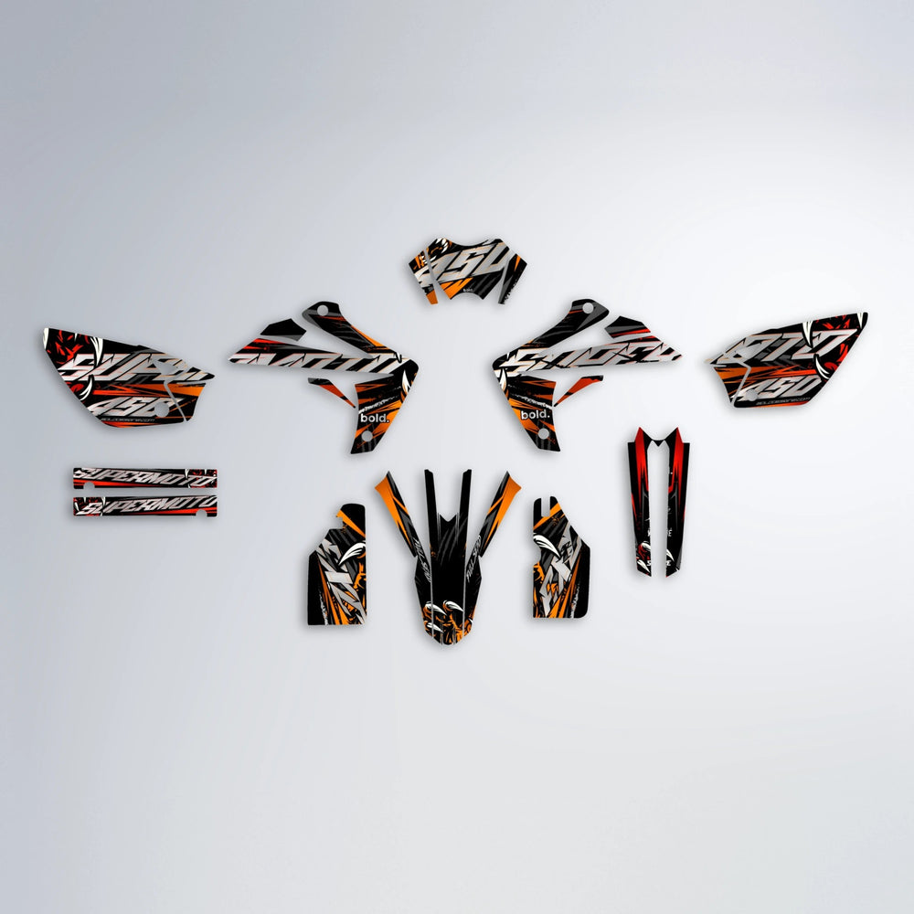 SAVAGE Rieju MRT graphics kit parts layout in Red & Orange
